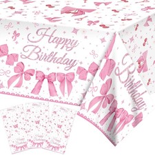 3 Pcs Pink Bow Party Tablecloth, Pink Bow Tablecovers Ribbons Birthday Party ...