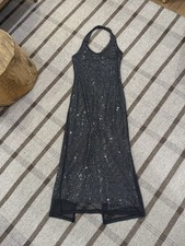 Vintage Finesse Halter Sequin Layer Maxi Dress Small Black Silver Sheath Prom