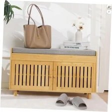 Shoe Storage Bench, Bamboo Entryway Bench with 2 Doors & Padded Nature Nature