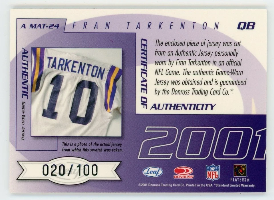 2001 Quantum Leaf All-Millennium Fran Tarkenton Auto Game Worn Patch 20/25 HOF - Image 2 of 2