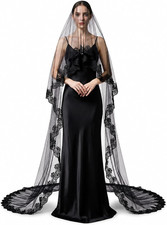 Long Black Lace Veil, 1 Tier Black Bridal Veil