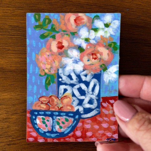 ACEO Original Floral and Fruit Bowl Still LIfe Acrylic Mini Art 2.5x3.5 - OOAK