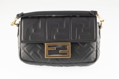 Fendi Embossed FF Mini Baguette Bag Black Leather Gold HW Box and Dustbag