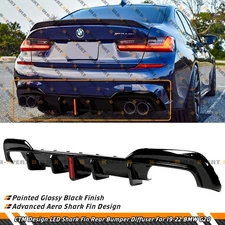 For 2019-22 BMW G20 330i M340i CTM Gloss Black Rear Bumper Diffuser W/ LED Light