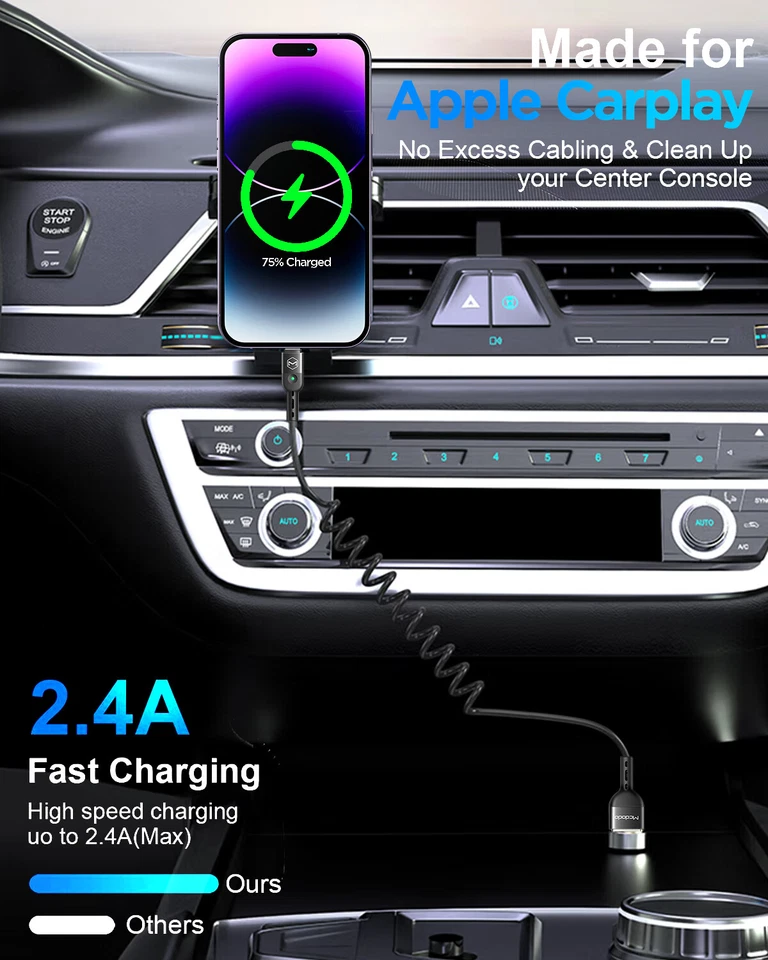 Car Carplay Cable USB A to iPhone Charging Cable for iPhone 14 13 12 11 Pro Max - Image 3 of 4