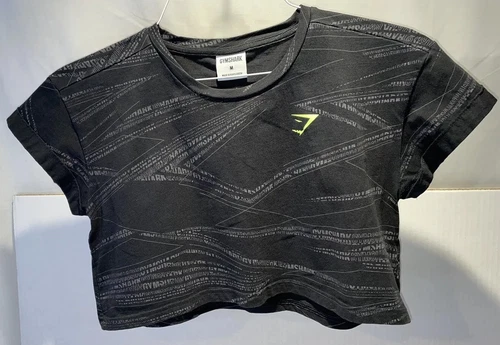 Gymshark Zone Graphic Crop Tee Women’s Sz M 36 Chest Black Gray Cap Sleeve