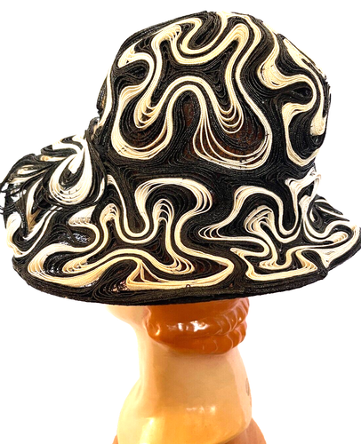 VTG 50s Black White Tlirtette Creation Braided Horsehair Hat Wide Brim - Picture 4 of 6