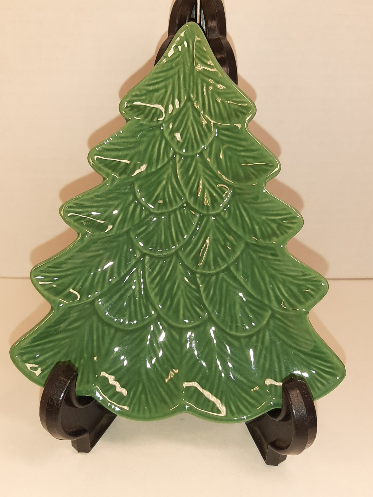 Hallmark Green Christmas Tree Serving Trinket Candy Dish Plate Tray Stoneware