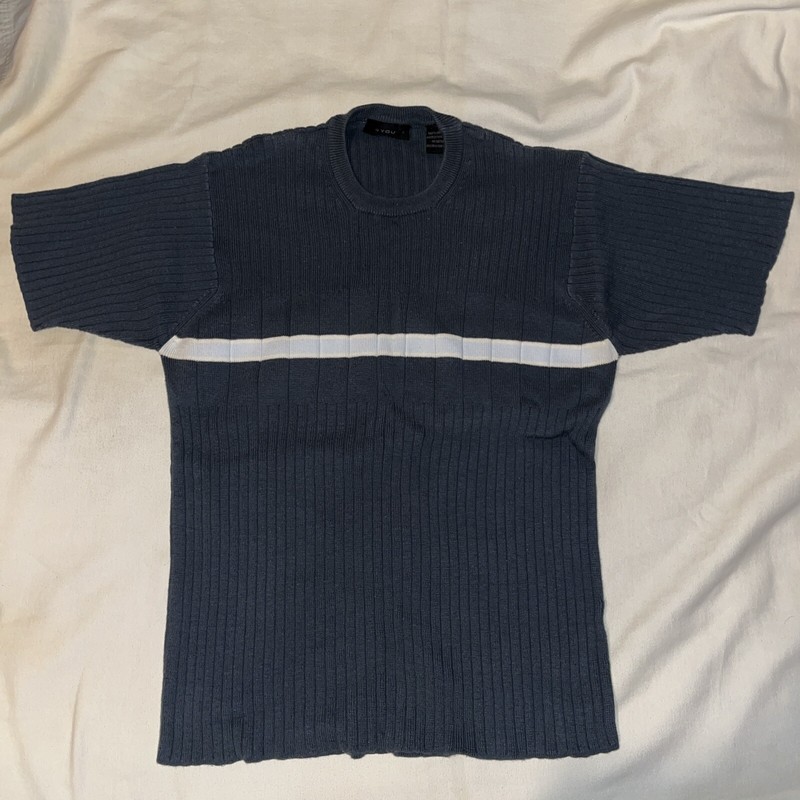 4 You Blue Knit Sweater Short Sleeved Shirt Men M All Cotton Stripe Pullover