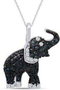 Authentic 1/3ct Natural Blue & White Diamond Elephant Pendant Necklace 925 Sterling Silver