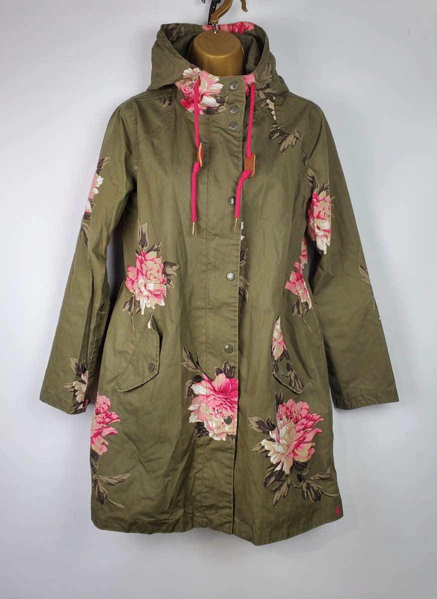 Joules Rain Waterproof Coat Green Floral Hooded Parka Jacket Size
