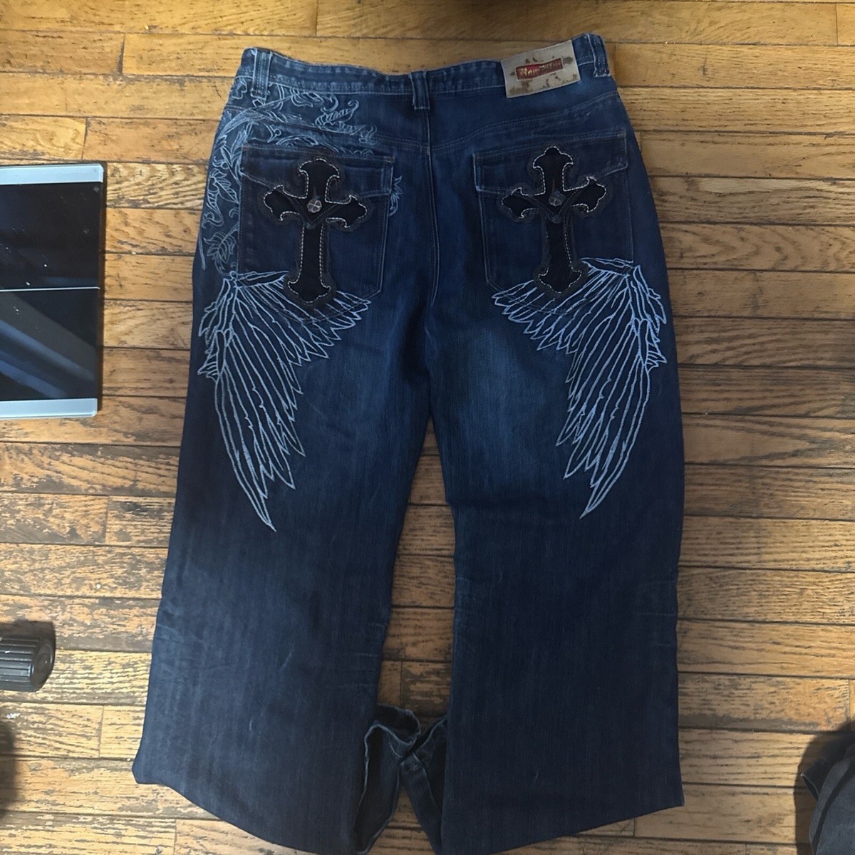 Vtg Raw Blue Jeans Mens 34/32 Denim Angel Wings Gothic Hip