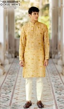 Squash Yellow printed Pure Linen Embroidered Kurta For Men