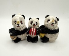 Vintage Handmade Crochet Panda Bear Christmas Ornaments Lot of 3 Mini Figural