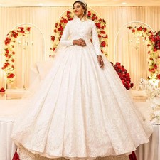 Luxury Wedding Dresses High Neck Long Sleeves Ball Gown Bride Dress Sweep Train