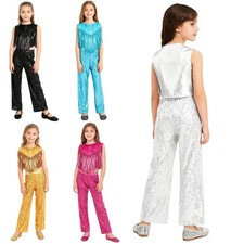 Kids Girl Sequins Youth Shiny Top With Pants Disco Dance Outfits Cloth Children