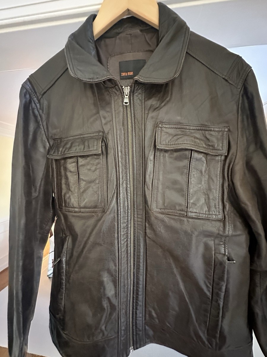 Zara Man Distressed Brown Leather Biker Jacket - Men's Large