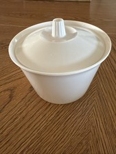 Small, White Plastic Lidded Container. Made In USA