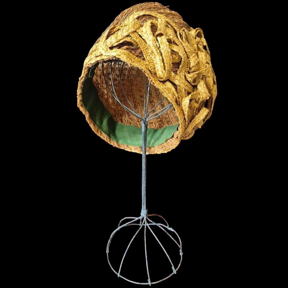 Vtg 20s Cloche Hat Braided Woven Hair Raffia Flapper Brown Art Deco Antique - Image 2 of 4