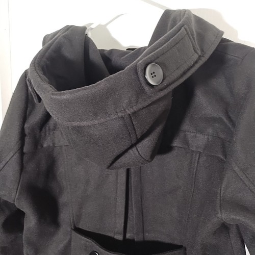 Tanming Women's M Double Breasted Wool Black Pea Coat Hood Lined Pockets Trench - Picture 8 of 10