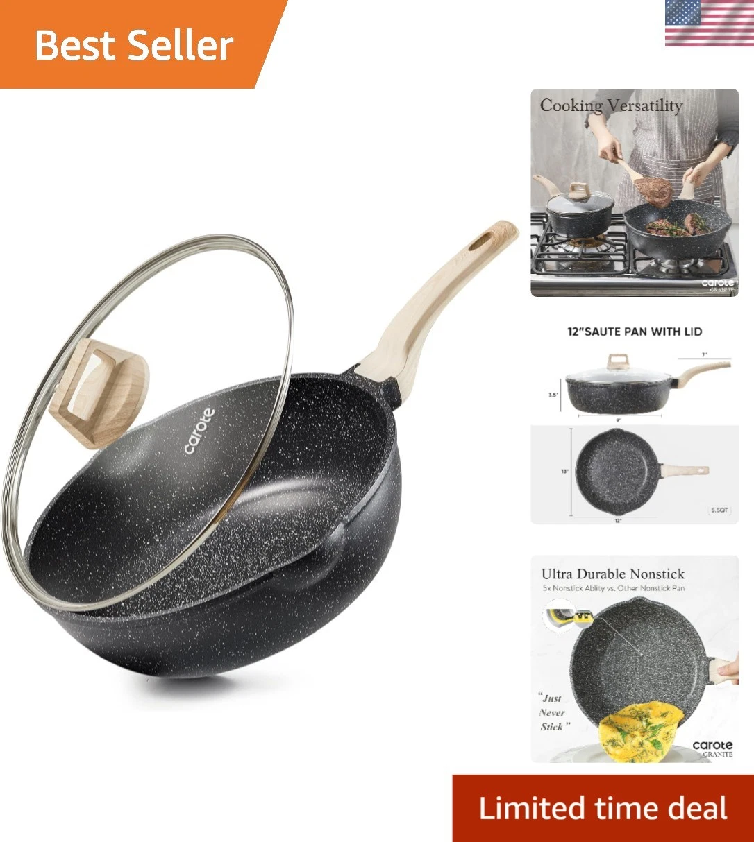 12-Inch Nonstick Deep Frying Pan with Lid - Classic Granite Induction Skillet