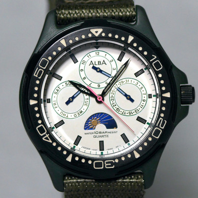SEIKO ALBA V33F-6B00 Sun&Moon Triple Calendar Men's Watch 1990 Japan