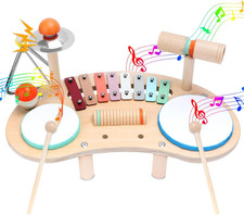 9 in 1 Set Di Batteria in Legno per Bambini, Strumenti Musicali in Legno per Bam