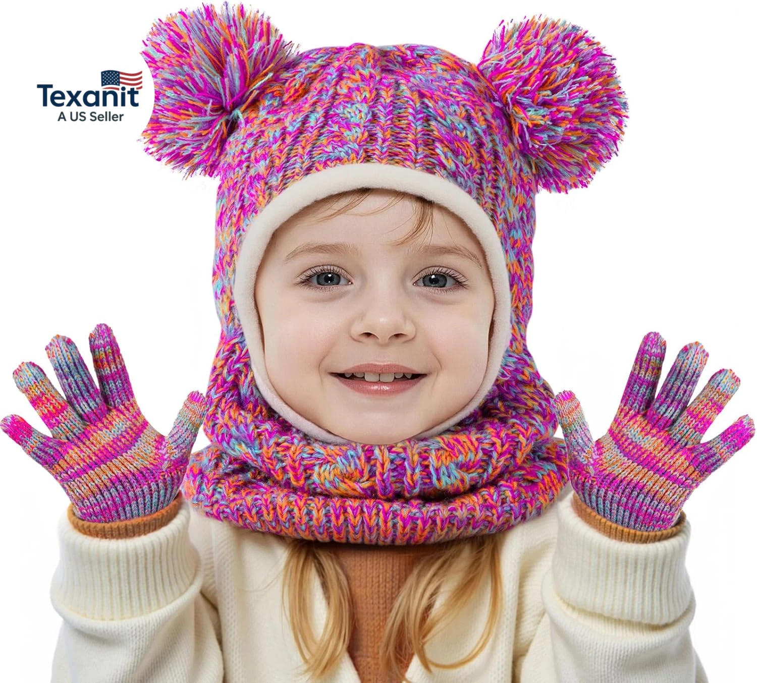 Toddler Winter Hat Scarf Glove Set, Unisex Baby Kids Velvet Lined Knitted Hat wi