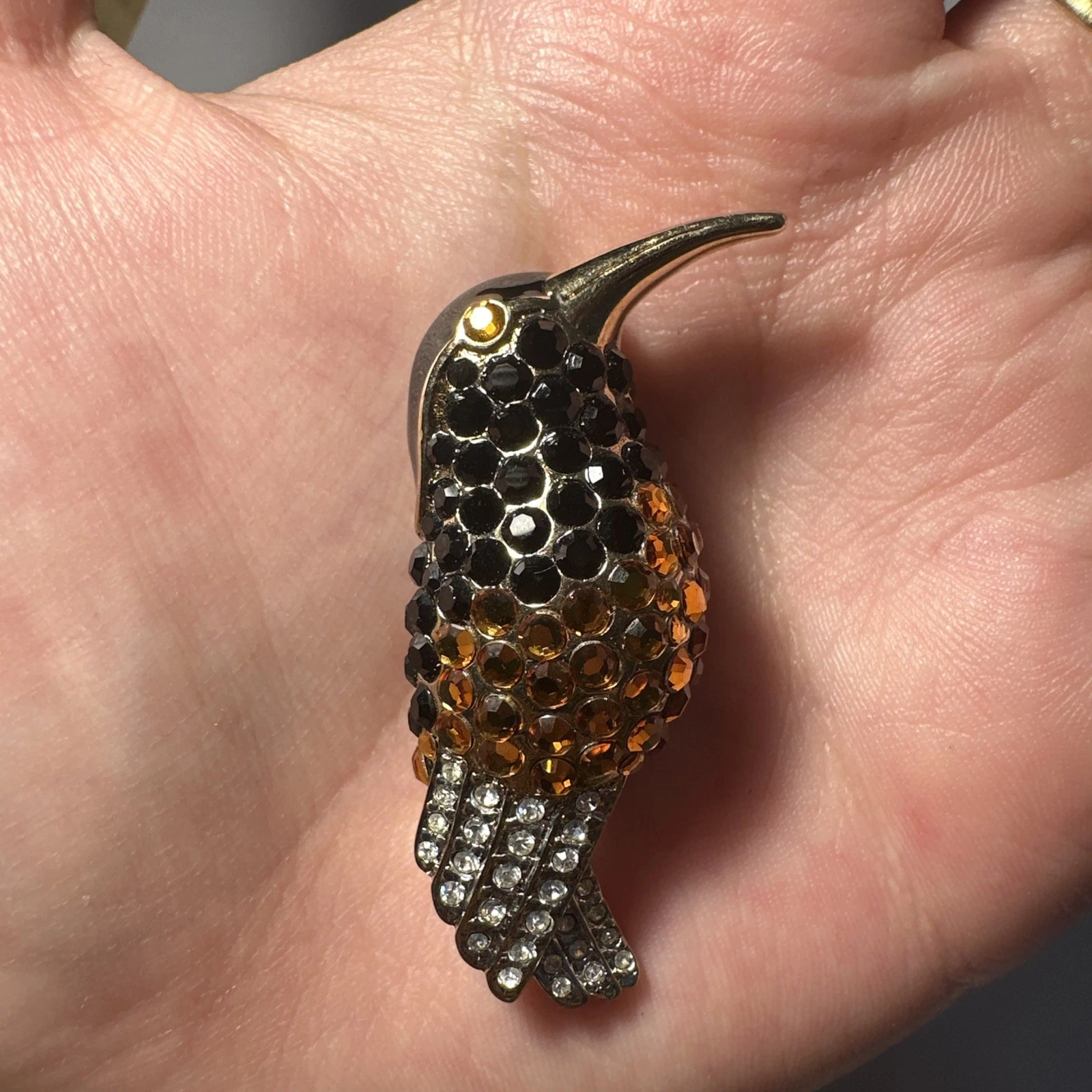 Broche Colibri, Doré, Strass Marron Et Noir Blanc Bijoux Fantaisie