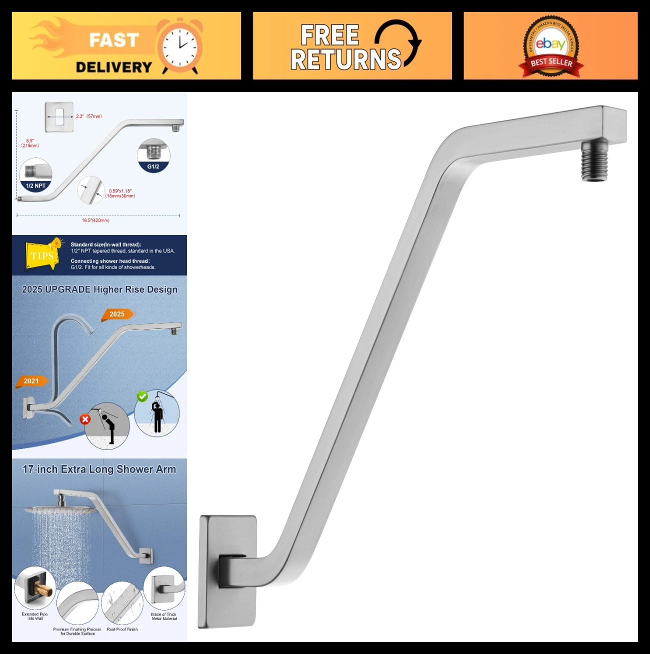 16.5" Square Shower Head Extension Arm, Wall-Mounted Goose Neck Pipe, Brushed Ni
Opens in a new wind