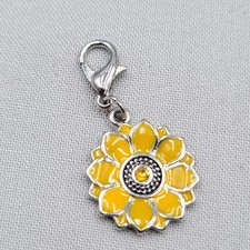 Yellow Enamel Sunflower Charm Silver Tone Lobster Clasp Rhinestone Jewelry 7/8"