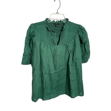 Talbots Short Sleeved Smocked Yoke Top Emerald Green Blouse Size Medium