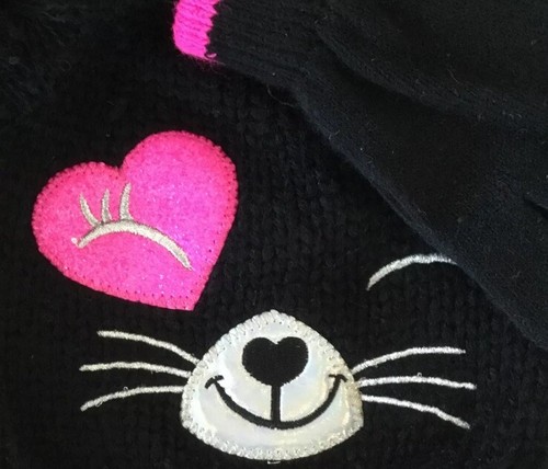 Girls Toddler Cat Kitty HAT & GLOVES SET With Pom Poms Black & Pink NWT - Picture 3 of 5