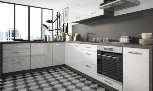 Kitchenette en forme de L ESSEN cuisine intégrée 210 x 300 cm lave - blanc brillant 66363196 - Photo 1/11
