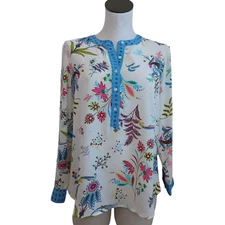 Talbots Blouse Womens Medium Petite Contrast Floral Print Long Sleeve Tunic Top