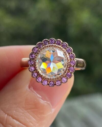 Round Cut 3.50Ct Real Certified Moissanite & Amethyst Wedding Ring 14K Rose Gold