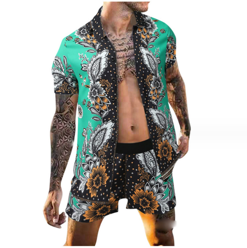 Hawaiian Mens Set Short Sleeved Shirt+Shorts Summer Casual Beach Two-Piece Set - Picture 5 of 21