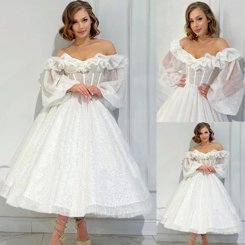 Shiny Short Wedding Dress Off Shoulder Tea Length Puff