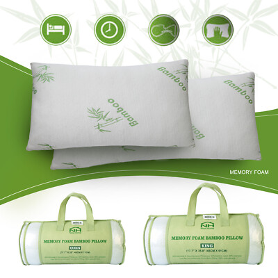 1-2Pcs Hypoallergenic Bamboo Memory Foam Bed Pillow Queen/King Size w/Carry Bag