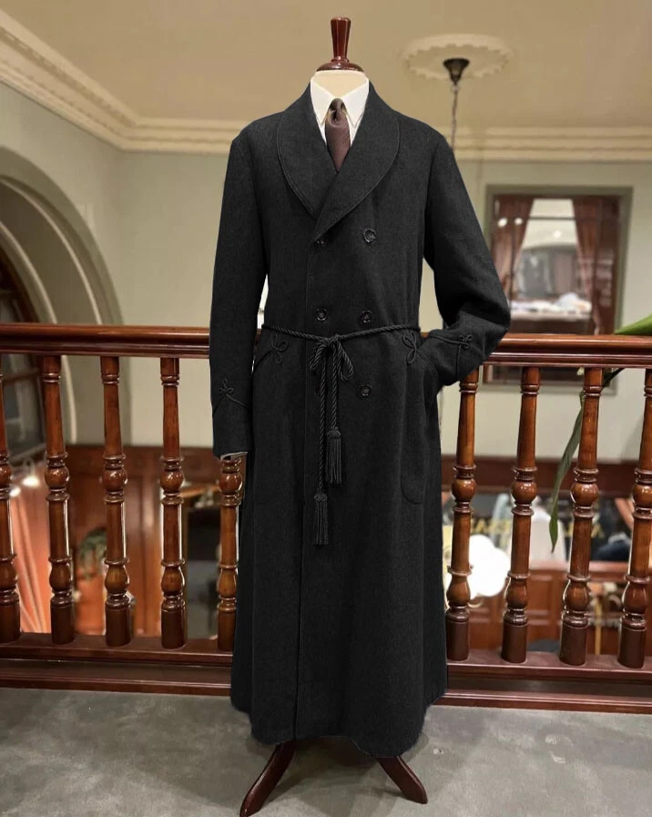Cashmere Men Smoking Jacket with Belt Prom Party Robe Evening Vintage Overcoat - Image 3 of 4