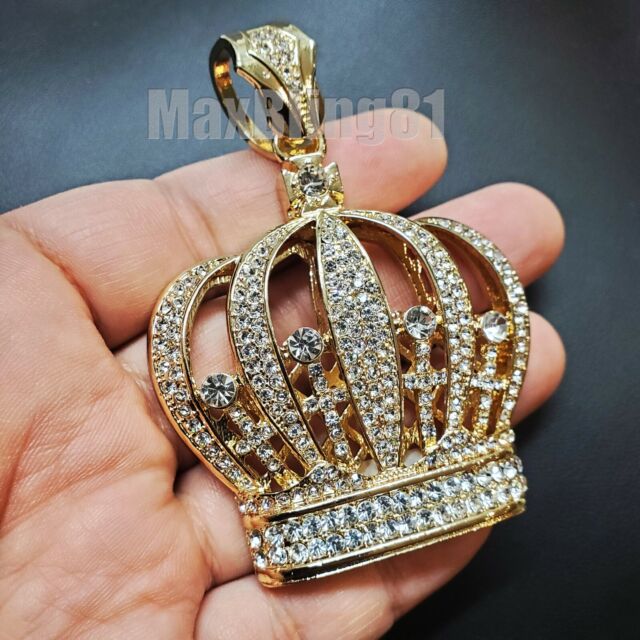 HIP HOP ICED GOLD PLATED LAB DIAMOND LARGE KING CROWN BUST DOWN CHARM PENDANT