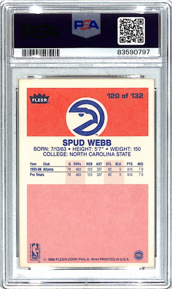 Tarjeta de novato Fleer SPUD WEBB 1986 87 firmada automática #120 calificada PSA/ADN 10 losas Foto 3 de 3
