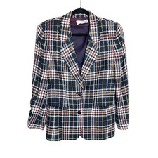 Vintage 80s 90s Liz Claiborne Colorful Plaid Blue White Blazer Petite Size 6P