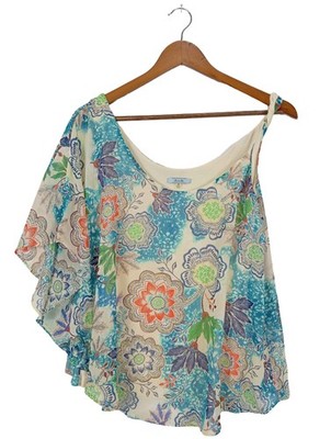 DO & BE One-Shoulder-Shirt Damen Shirt Gr. DE 38 wollweiß-blau-grün Casual-Look