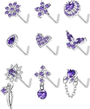 9Pcs 20G Nose Rings Studs for Women Stainless Steel Nose Stud L Shaped Cute Dang