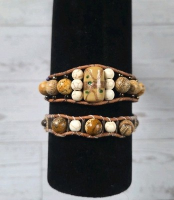 Handmade Boho Leather Wrap Bracelets Tree of Life Button   Set of 2   Unworn