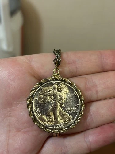 Vintage Walking Liberty Half Dollar Coin Necklace With Gold Plated Rope Chain