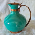Bauer Green Glossy Ceramic Pitcher w/ Copper Handle & Hinged Lid, Impressed