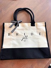 Ivory Black Canvas Bride Tote Bag with Bow, Tote Style in Cream/Ivory Black