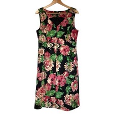Talbots Canvas Floral Sheath Dress V-neck Black Pink Size 10 Sleeveless